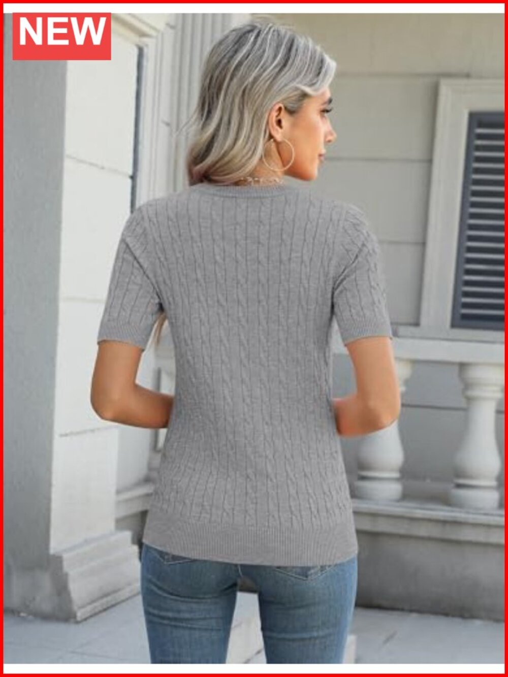 Women's Short Sleeve Cable Knit Crewneck Sweater Pullover